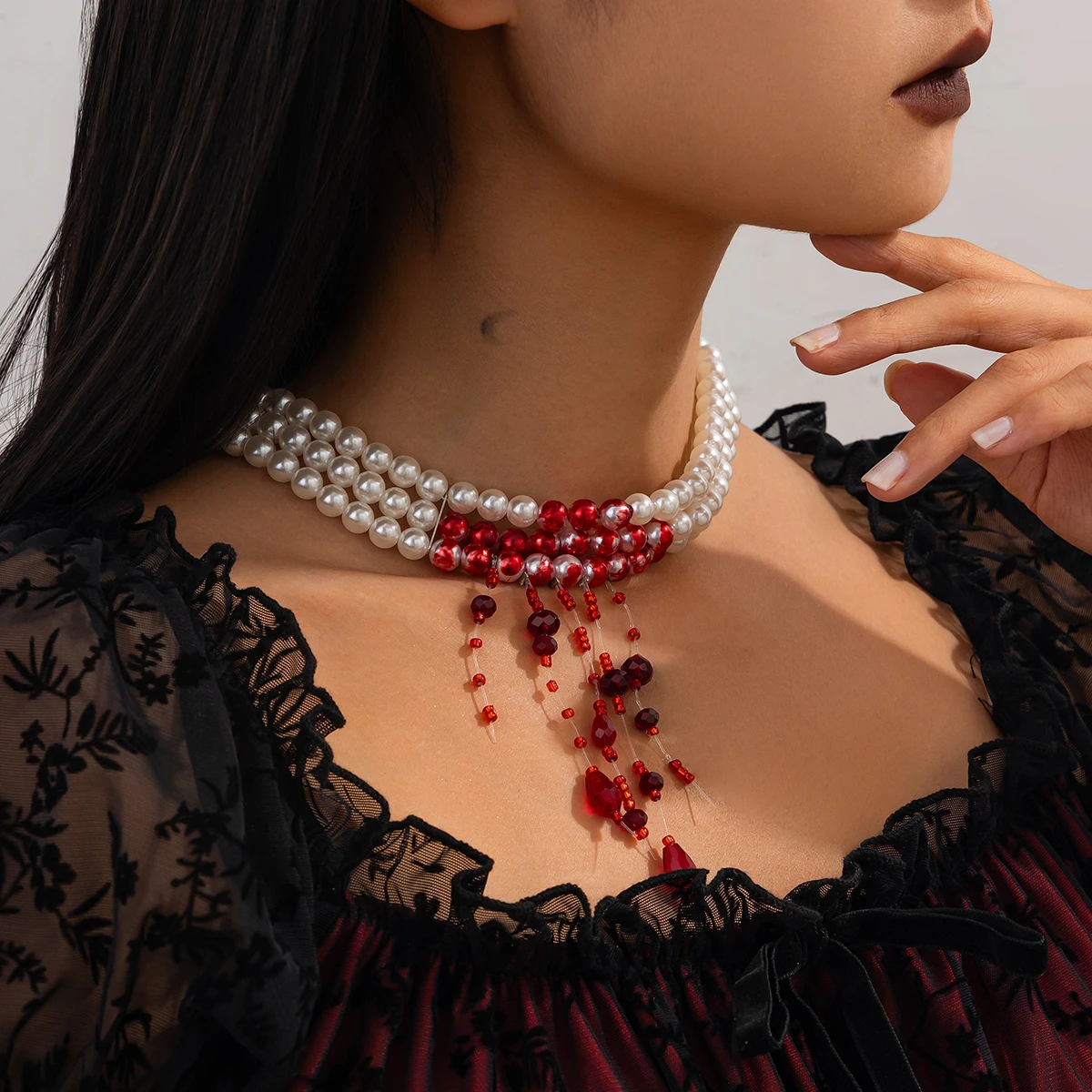 

IngeSight.Z Gothic Blood Red Crystal Beads Tassel Pendant Necklace for Women Classic Imitation Pearl Clavicle Chain Jewelry