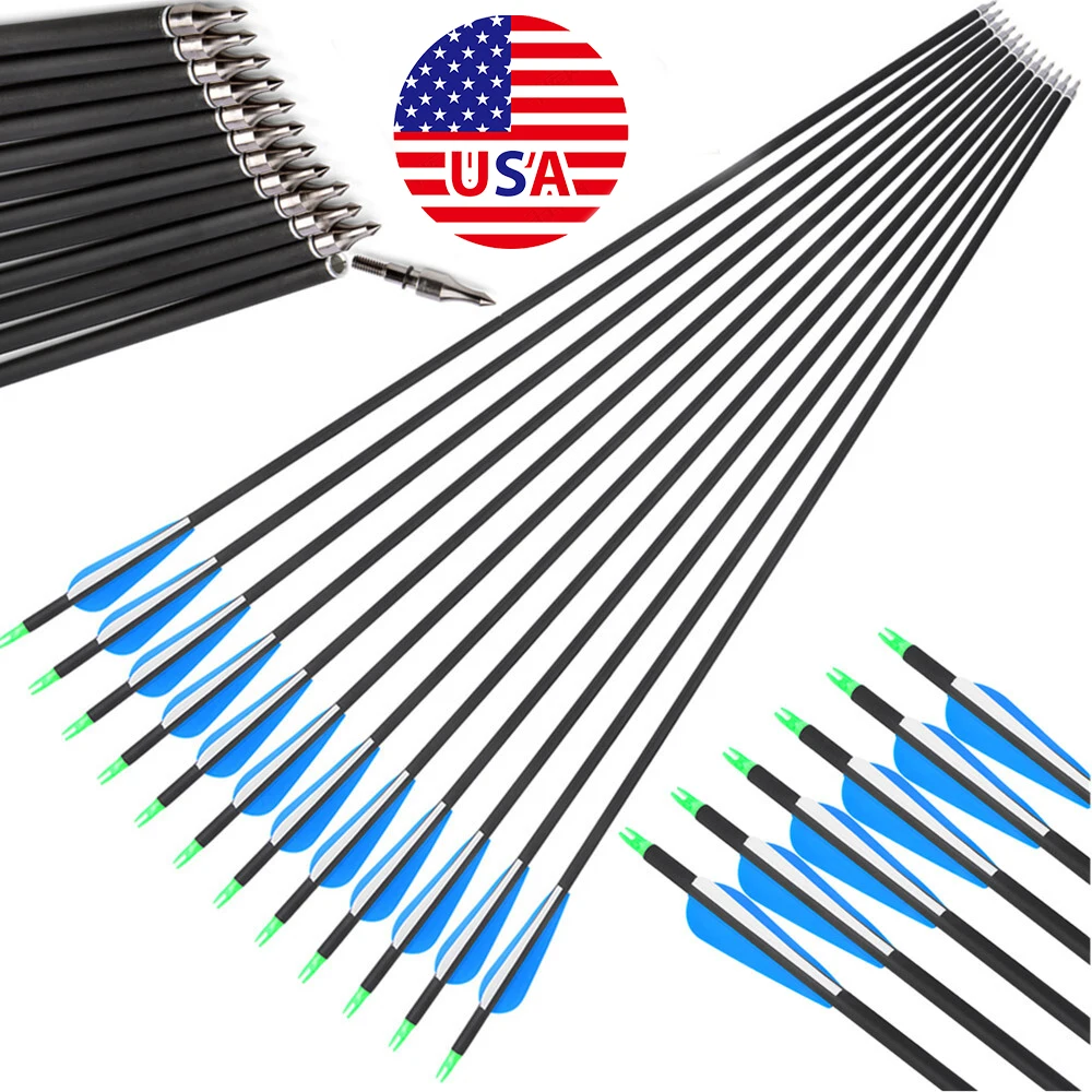 

12pcs Spine 500 Mixed Carbon Arrow Hunting Arrow 3 Inch Rubber Feather 100 Grain Arrowhead Bow Shooting Archery Target Practice