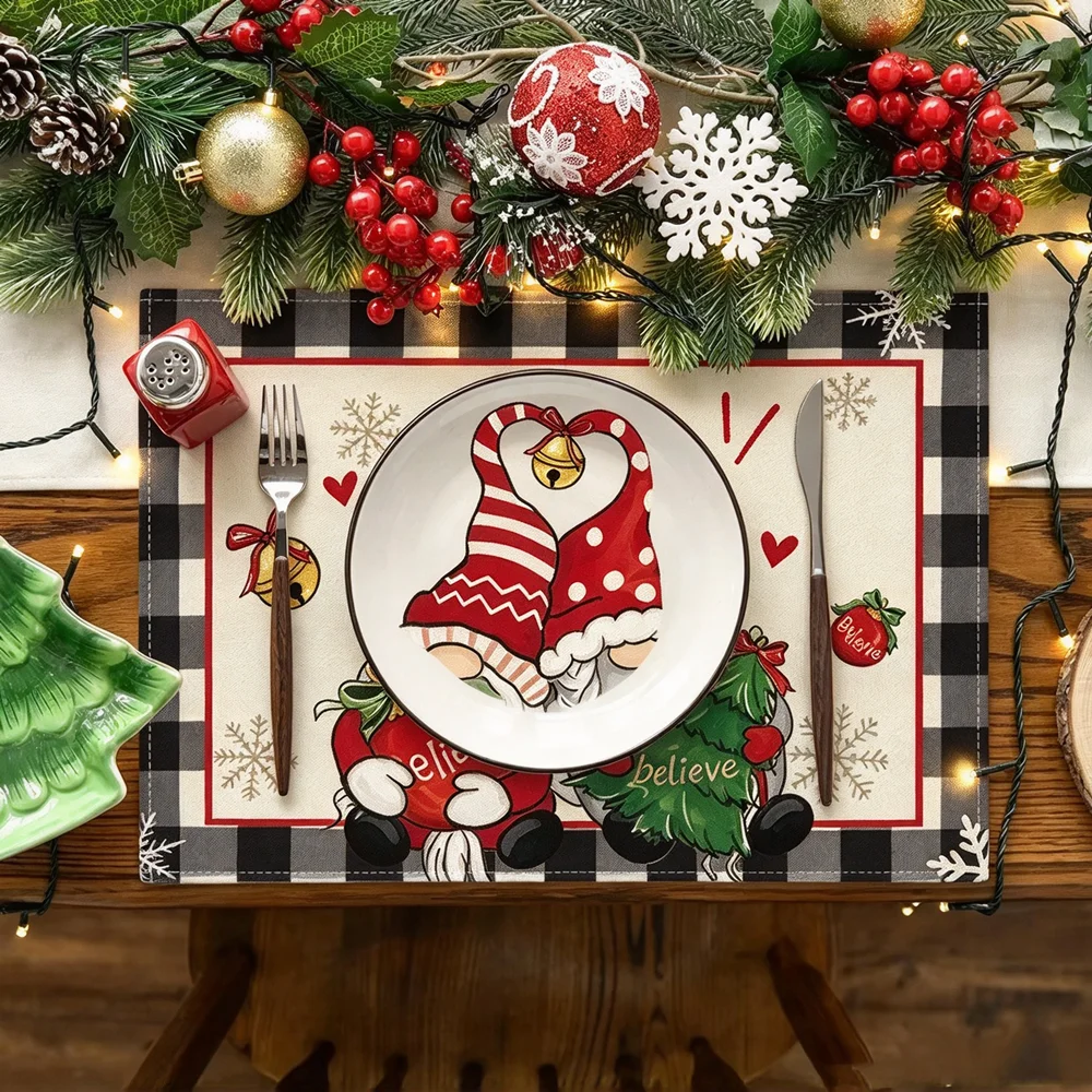 4 Pack Christmas Placemats 30x45cm Linen Christmas Trees Snowflake Gnome Print Table Mats 2026 Xmas Table Pads For Home Hotel