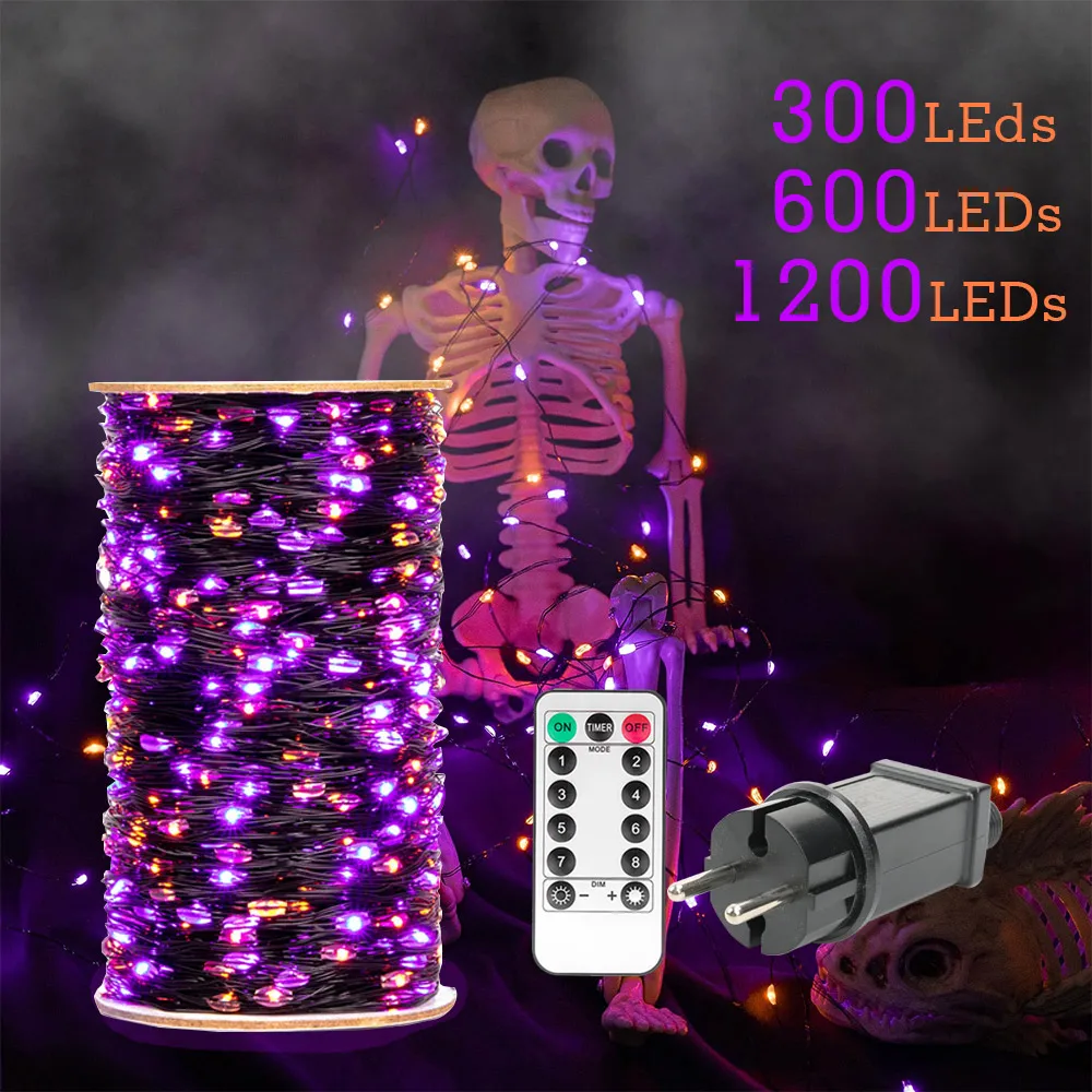 Pop Halloween String Lights Orange & Purple Decor With Timer,300LED 600LED Plug In Fairy Lights Halloween For Halloween Decorati