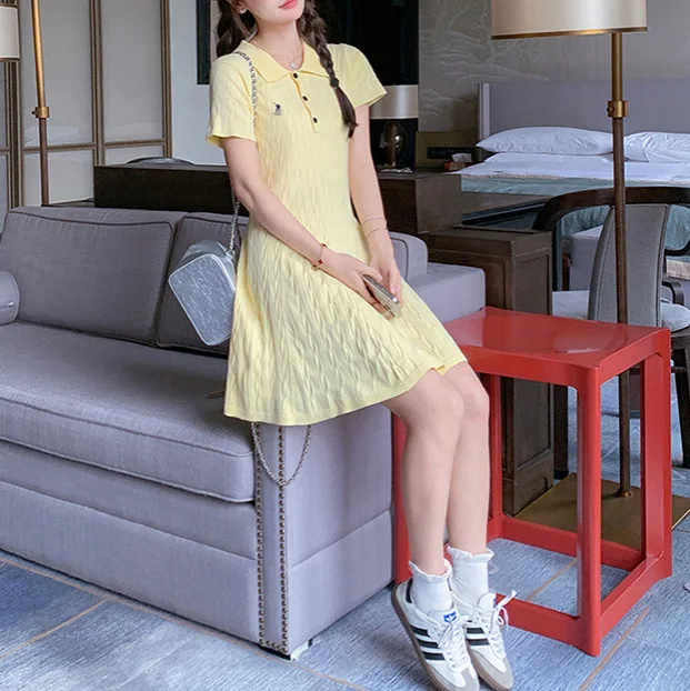 

8105 Yellow Dress Short Summer Elegant Old Money Style Turn-Down Collar Polo Shirt Twisted Embroidery A-Line Skirt