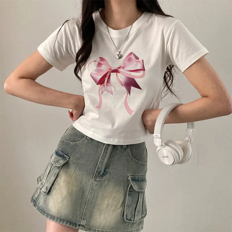 Y2k Clothes Cute Bow Print Fairy Graphic Crop Top Aesthetic Short Sleeve Goth Harajuk Kawaii T-shirt Summer Baby Tees Streetwear