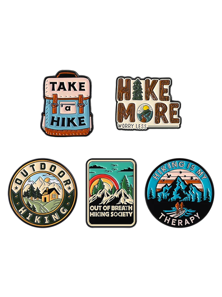 Outdoor Hiking Travel Brooch Enamel Pins Hike More Worry Less Hiking Is My Therapy  Brooches Backpack Lapel Badge Jewelry Gifts