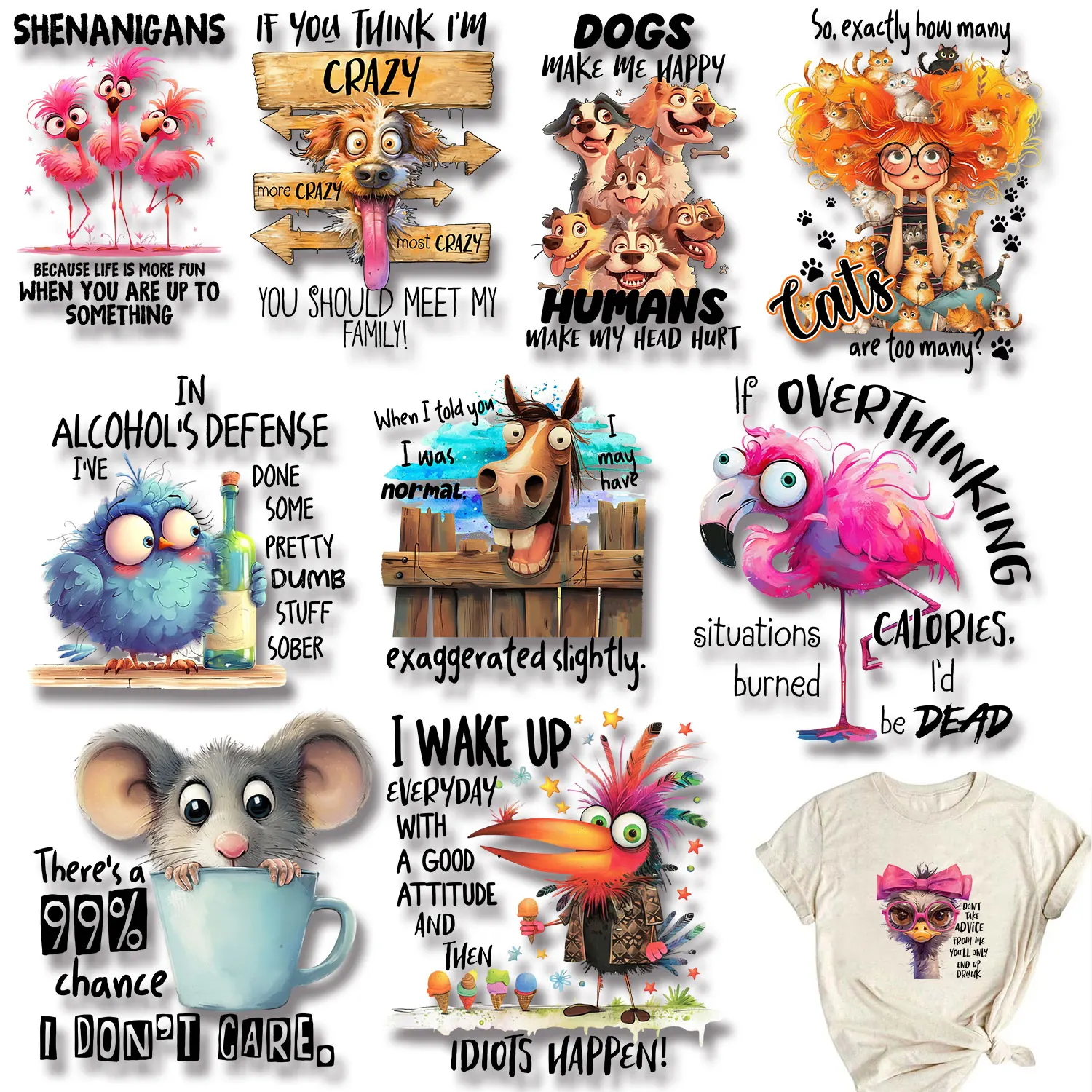 Funny Cartoon Animals Crazy Ostrich Dog Cat Pet  Flamingo Happy Iron on Patches Stickers for Clothes DIY Decoration