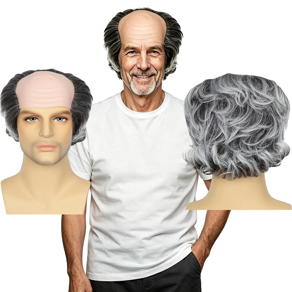 

Instant Old Man Wig Salt and Pepper Bald Wig With Integrated Scalp Funny Cosplay Wig For Balding Men Party Halloween