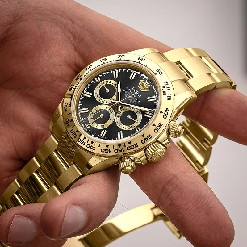 로빈니 19027 사파이어 크리스탈 글래스 캘린더 비즈니스 오토매틱 시계 남성용 방수 손목시계