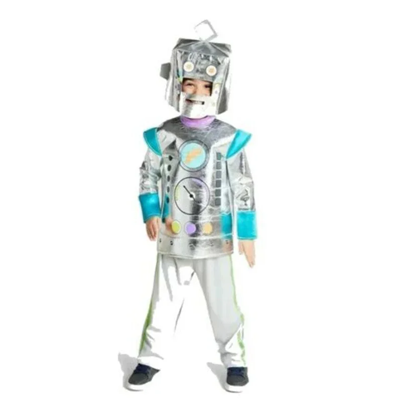 Boys Girls kids robot costume metallic silver suit Halloween costume child tunic hat pants full set Purim outfit