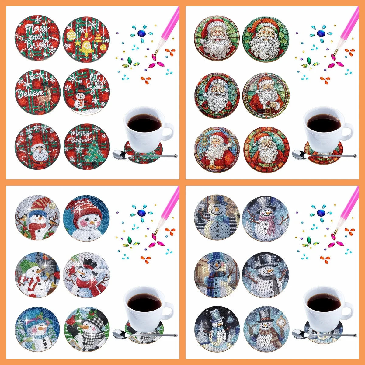 6-Piece Diamond Painting Set Coaster Christmas Snowman Pattern Wooden Coffee Cup Non-Slip Decoration, Christmas Gift