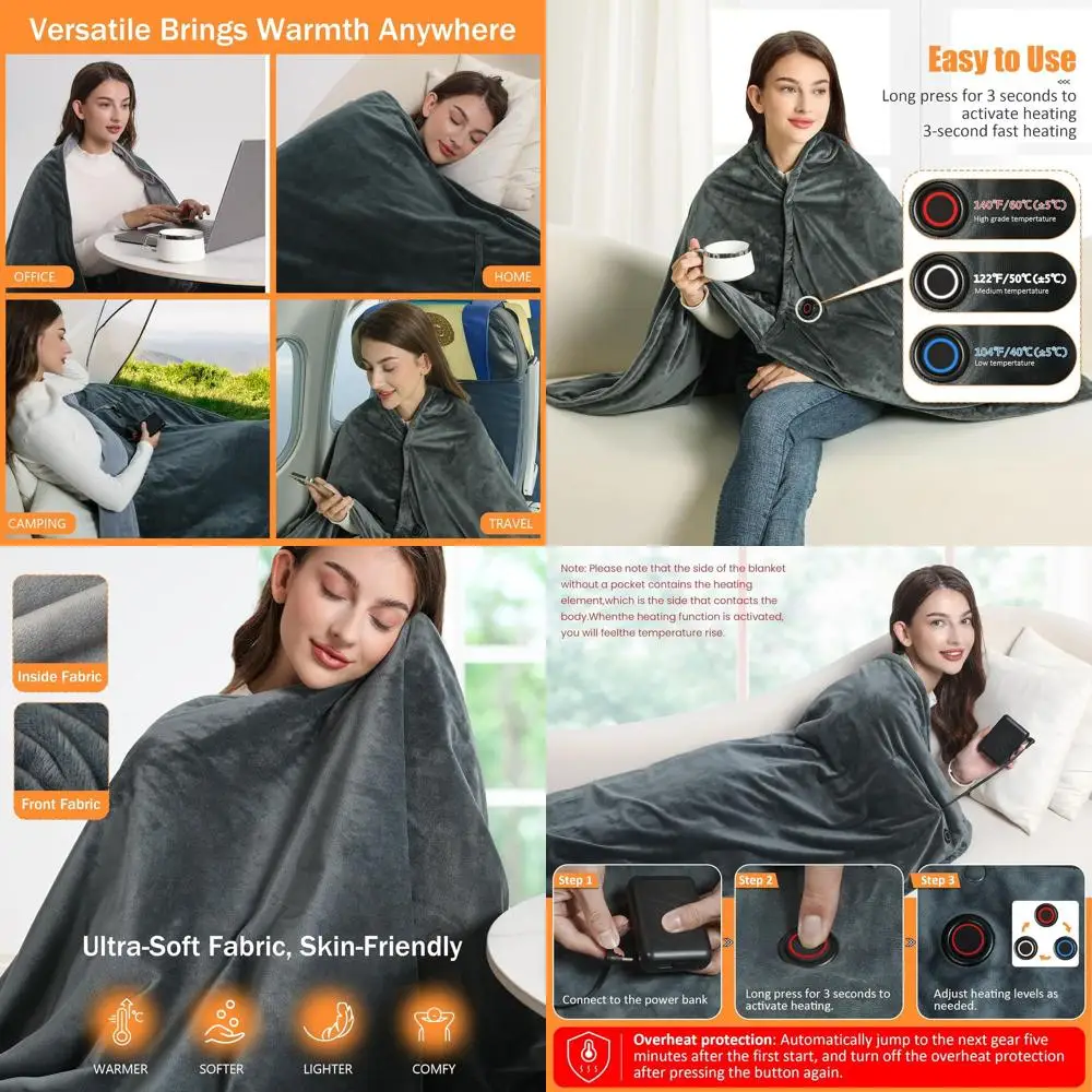 

Portable 20000mAh Battery-Powered Heated Blanket, 3 Temperature Settings, 59x35.5, Ideal for Outdoors & Travel, Unisex Gift