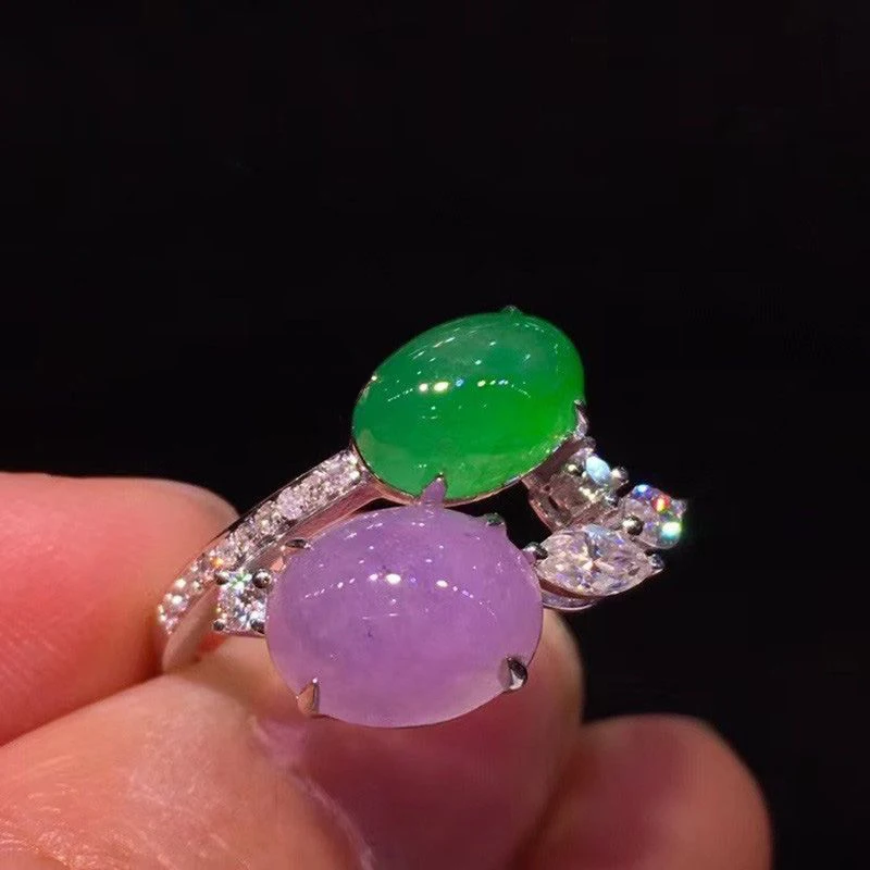 Natural Ice seed double Purple/Green chalcedony oval rings for women fashionable and elegant wedding silver inlaid jewelry