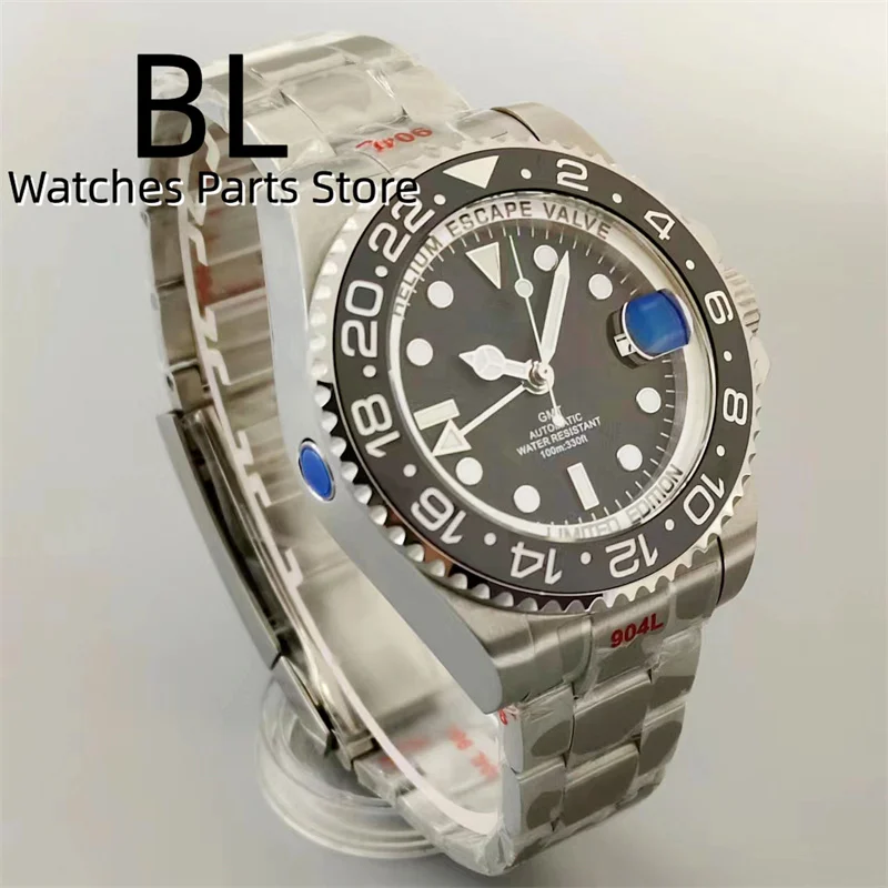 BLIGER 43mm GMT Watch NH34 Automatic Chapter Ring Case Luminous Bezel Black Dial AR Sapphire Glass Magnified Date Waterproof