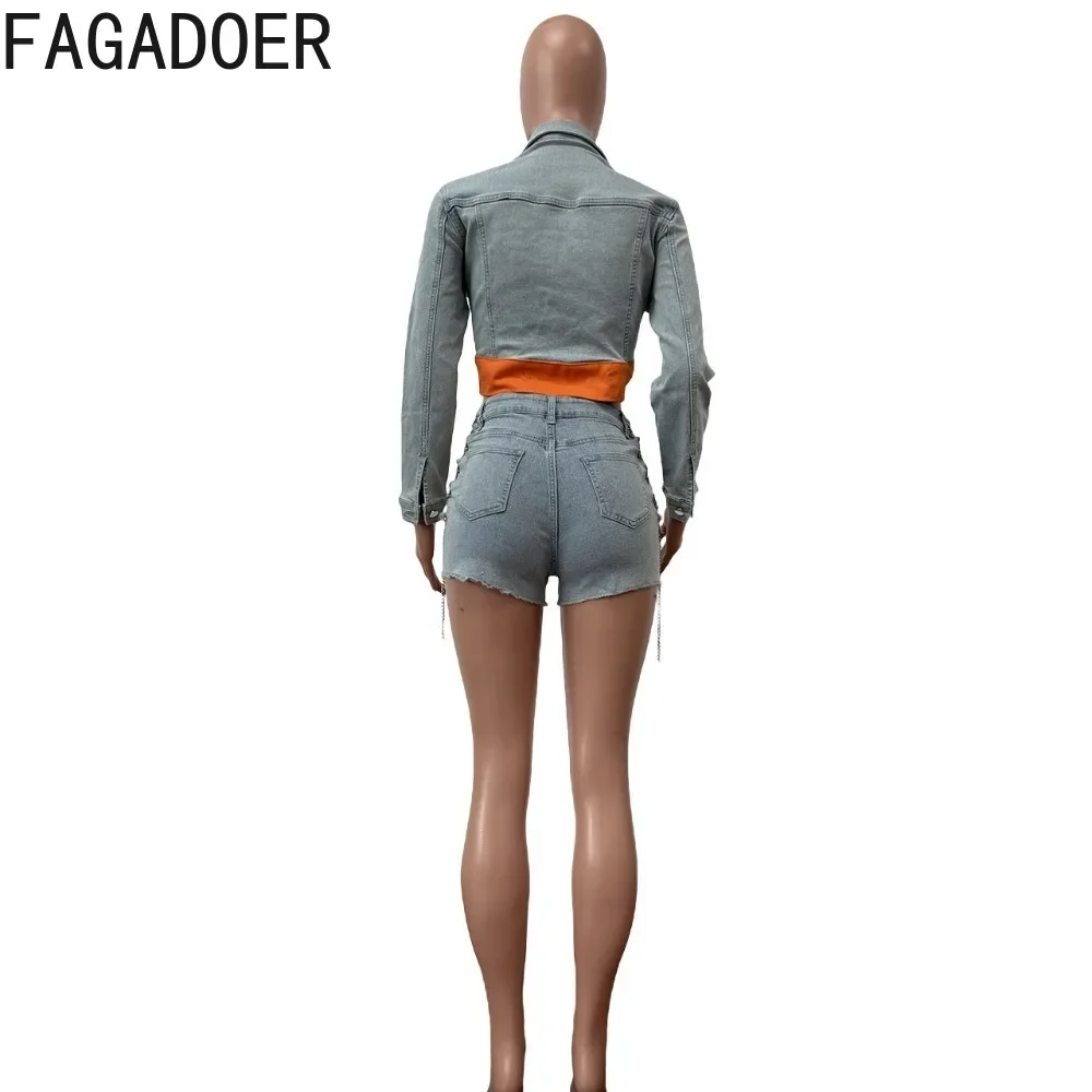 FAGADOER Fashion Y2K Denim Shorts Two Piece Sets Women Turndown Collar Long Sleeve Button Crop Top+Bandage Hollow Shorts Outfits