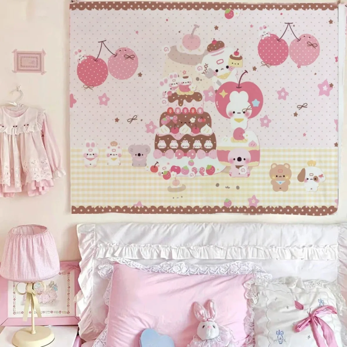 Sweet Dessert Cake Animal Tapestry Pink Gingham Cherry Bow Pattern Wall Cloth Y2K Aesthetic For Teen Girls Room Home Wall Decor