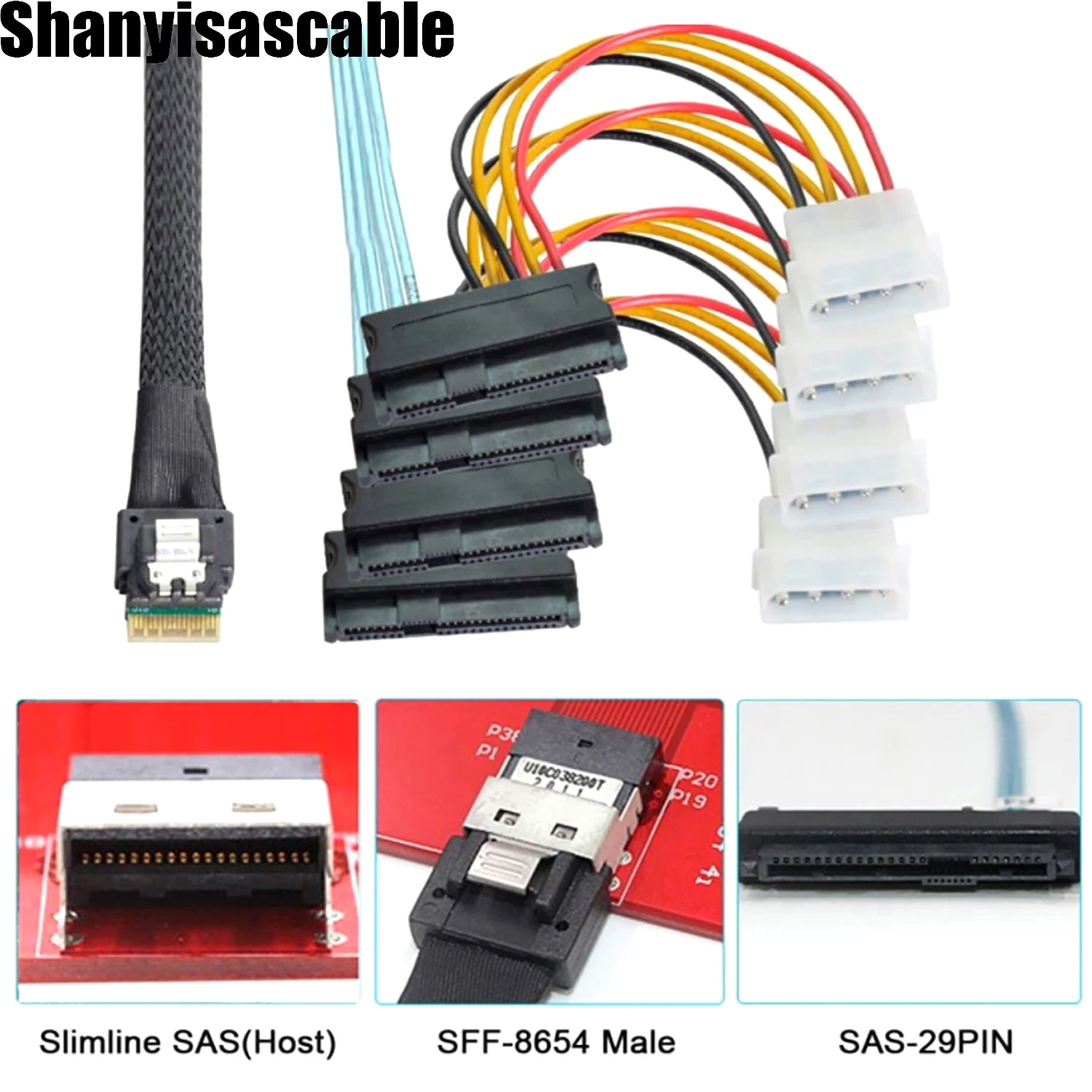 Server Internal Storage Connection Line 100cm SFF-8654 4I 38Pin SAS4.0 To Four SFF-8482 With 4Pin Power Cable
