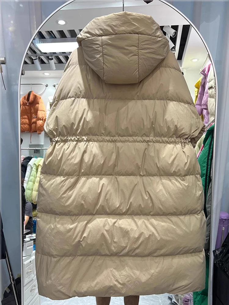Inverno novo quente casual grosso longo outwear pato branco para baixo casaco 2025 versátil cor sólida com capuz jaqueta para mulher