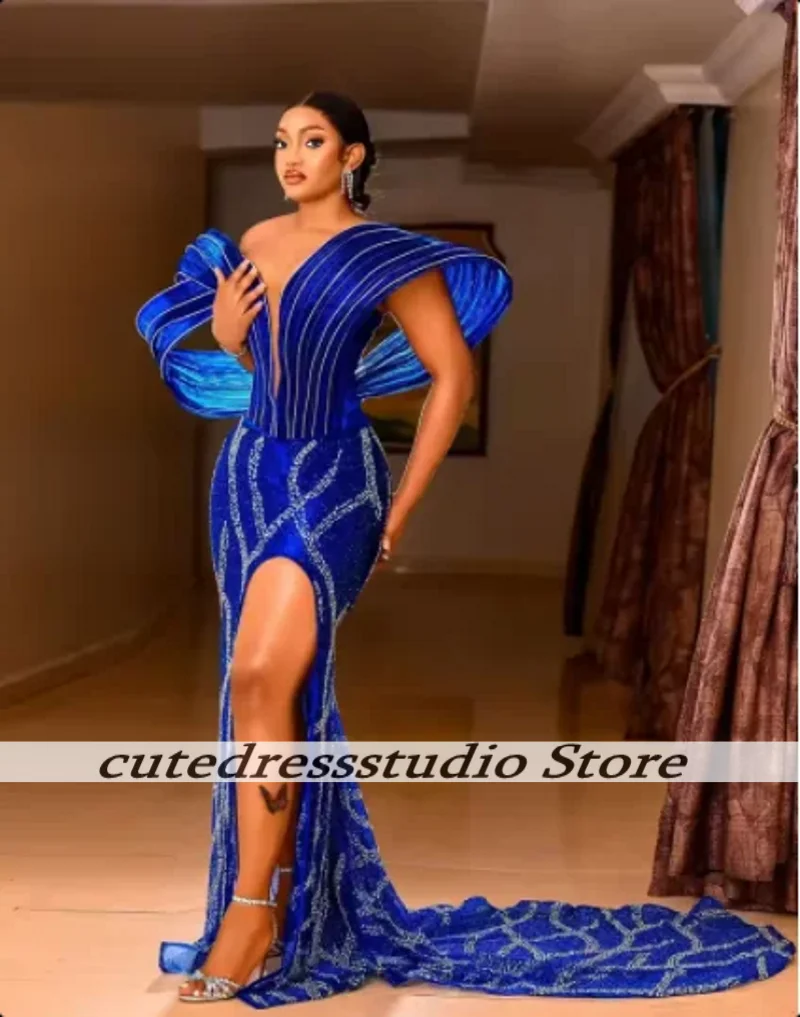 Dark Blue Prom Dresses For African Girls Exquisite Sequins Sexy Long Mermaid Party Dress With High Split Luxurious Customized