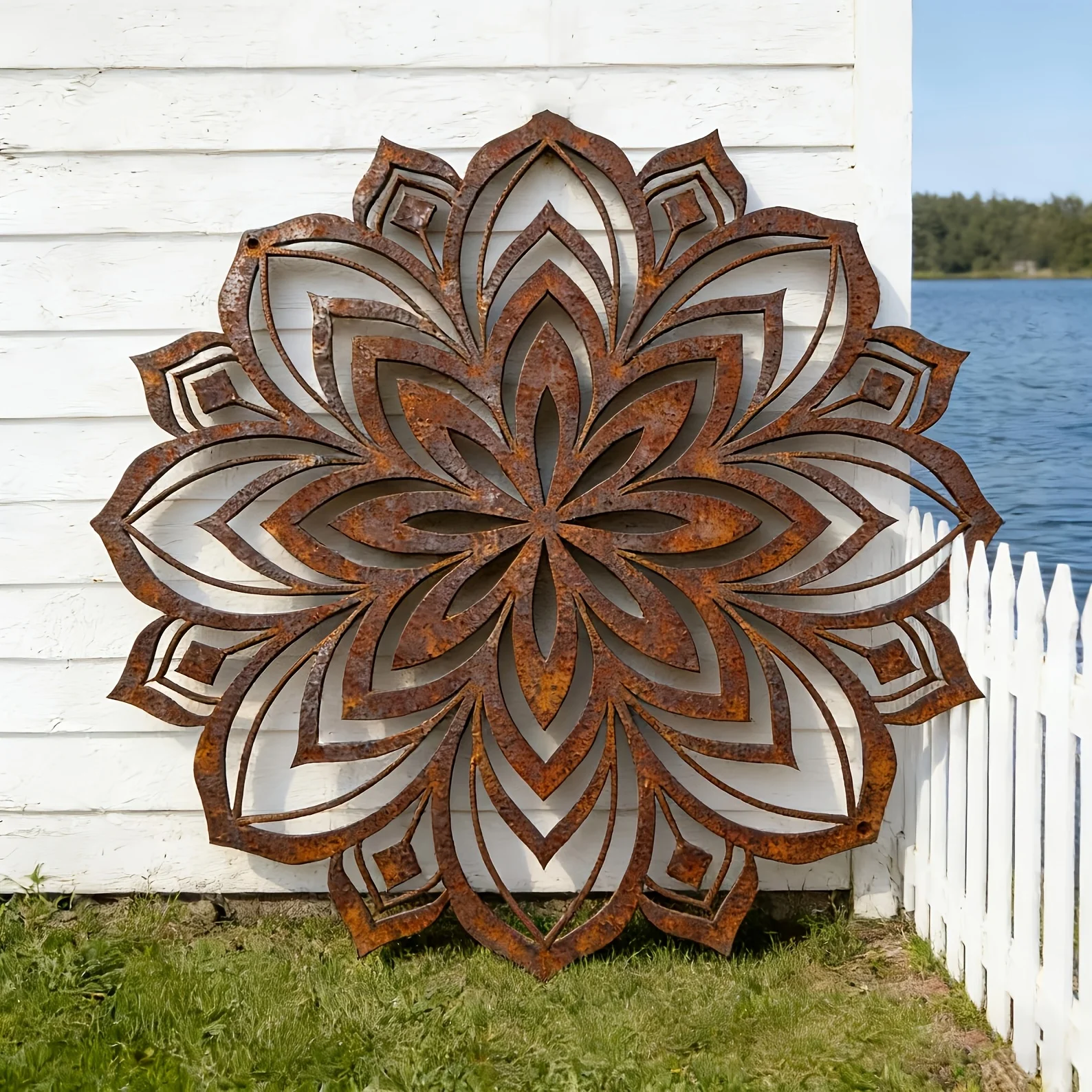 Rust-colored Surface Abstract Geometric Mandala Wall Art, Rustic Mandala Silhouette Outdoor Decor, Metal Sculpture Gift