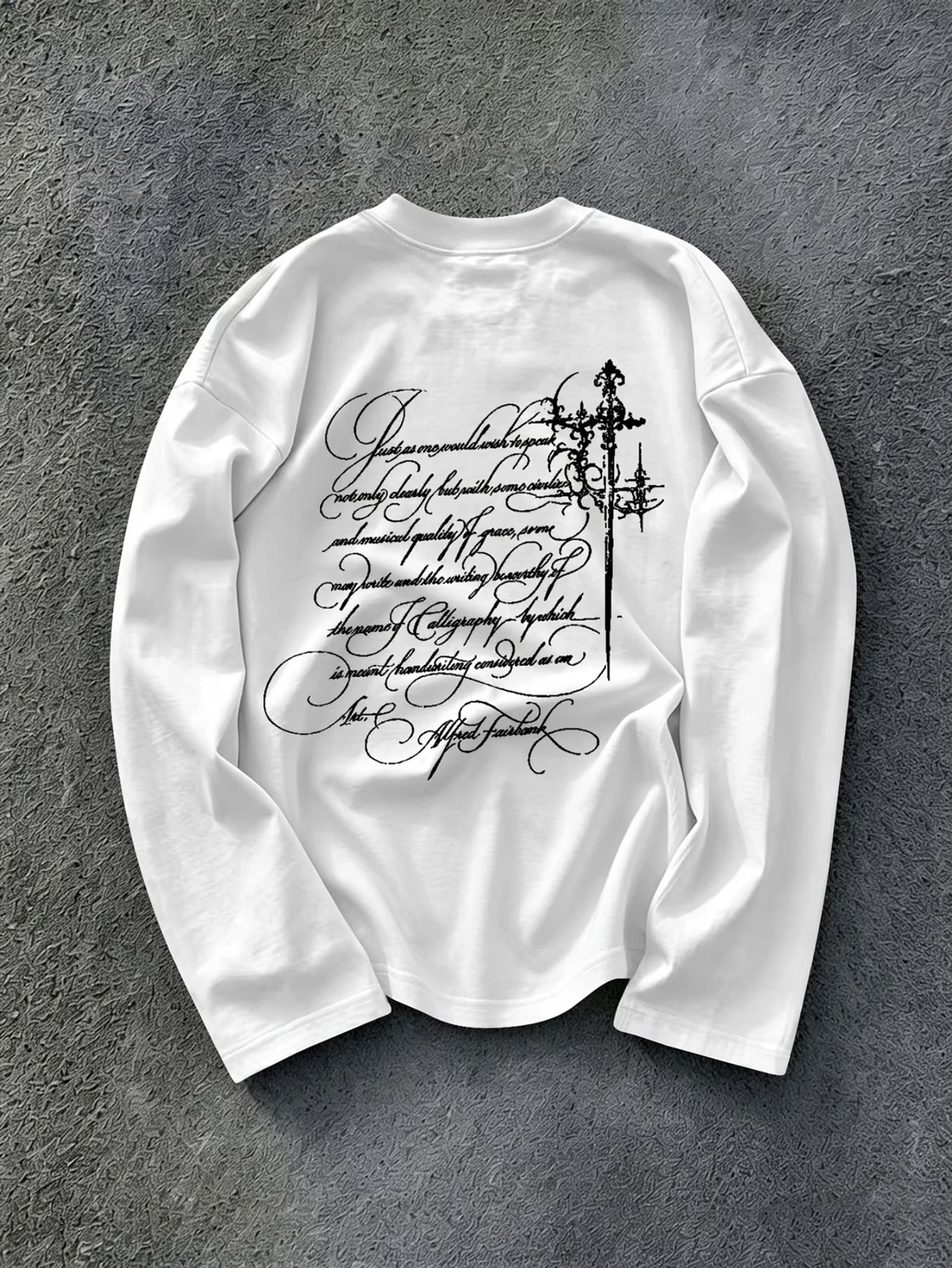 Men’s long-sleeve T-shirt featuring a vintage Gothic cross and elegant cursive script on the back—perfect for all seasons