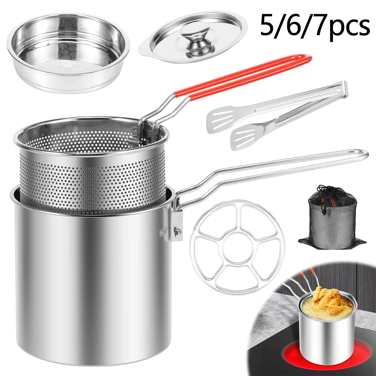 Freidora de acero inoxidable con cesta para freír, olla multifuncional para freidora de aceite, herramientas de cocina para freír pollo y patatas fritas