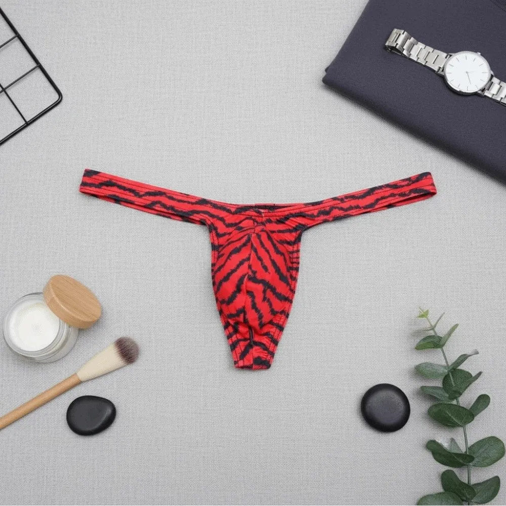 Breathable Low Waist Tiger Stripe Thong Lingerie Ice Silk T-back Panties Bulge Pouch Elastic Men Briefs Fitness