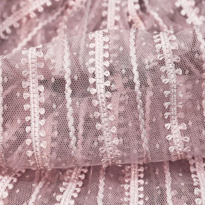 Striped Mesh Perspective Lace Embroidery Fashion Dress Designer Fabric Wholesale Cloth by the Meter for Sewing Diy Material