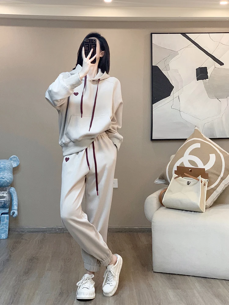 Off white Love Hooded top Sports Set for Women\'s 2023 Spring and Autumn new Loose Embroidery Casual Sports two-Piece set S-2XL