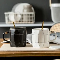 Creative Geometric Coffee Mug with Lid and Spoon, Simple Large Capacity, Ceramic Breakfast Tea Cup, Gift for Friend, 450ml