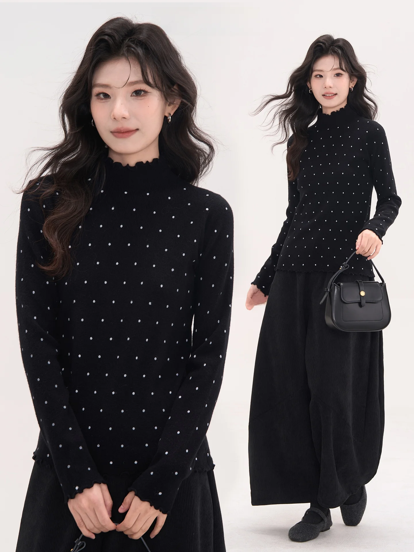 

Женская вязаная базовая футболка Heme Floral Field Window с полувысоким воротником, в горошек, с принтом, для зимы