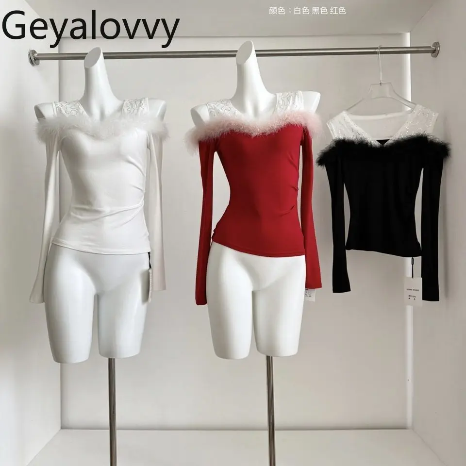 

Sequin Patchwork Furry V-neck Long Sleeve T-shirt for Women Autumn and Winter Christmas Sweet Tops Elegant Slim Fit Base Shirt