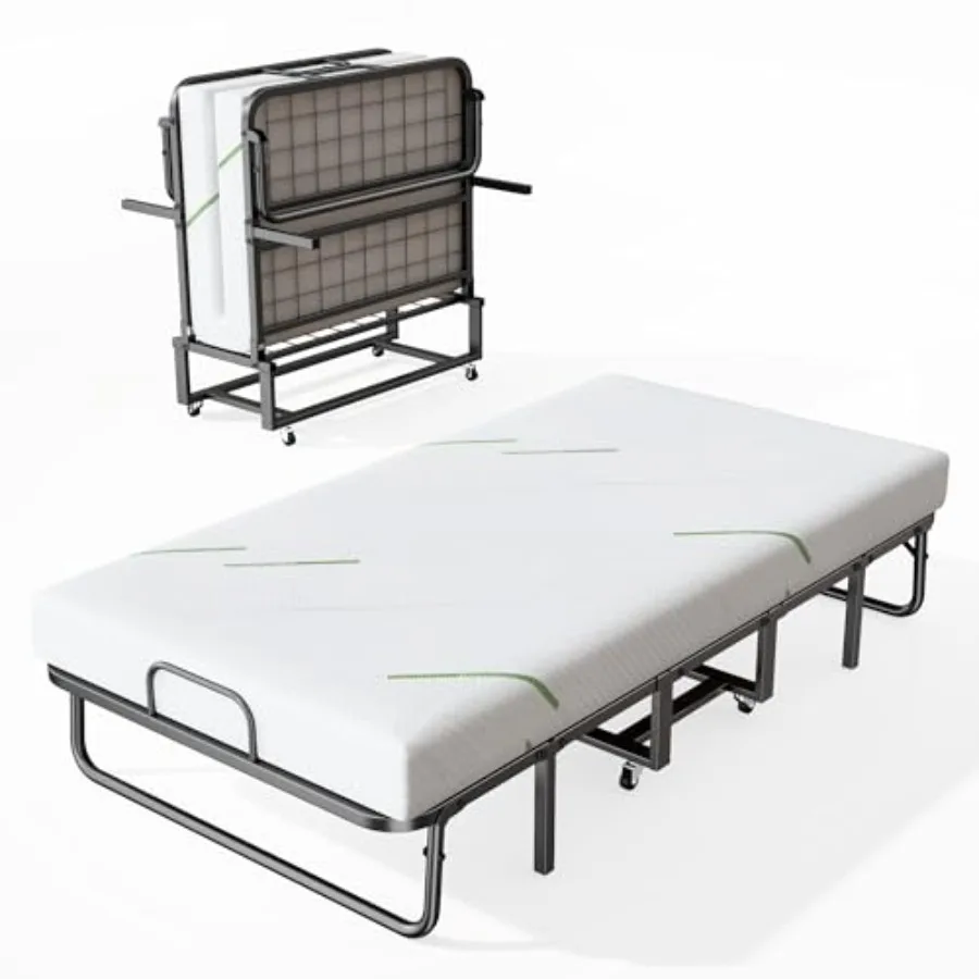 Folding Bed with Mattress for Adults 75 x 38 Twin Size Portable Rollaway Bed with 5 Inch Memory Foam Mattress Heavy Duty Metal