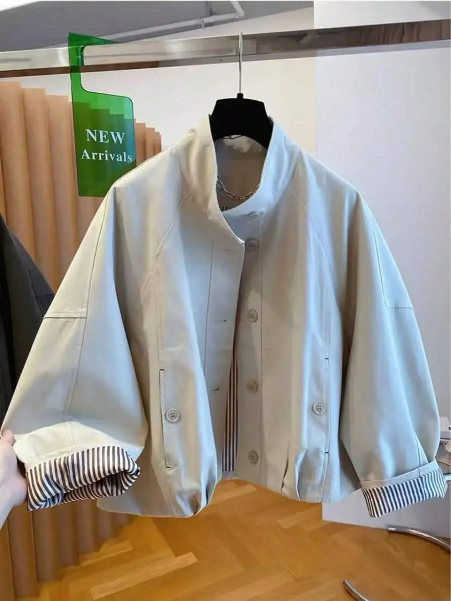 

Loose Fit Stand Collar Short Jacket with Striped Lining for Women, Casual European Style
