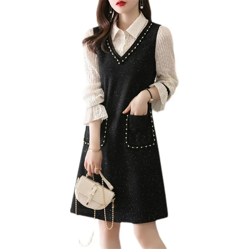 Women Elegant Dress For Spring 2023 New False 2 Piece Turn Collar Patchwork Slim Flare Sleeve Knee-Length Office Lady Dresses