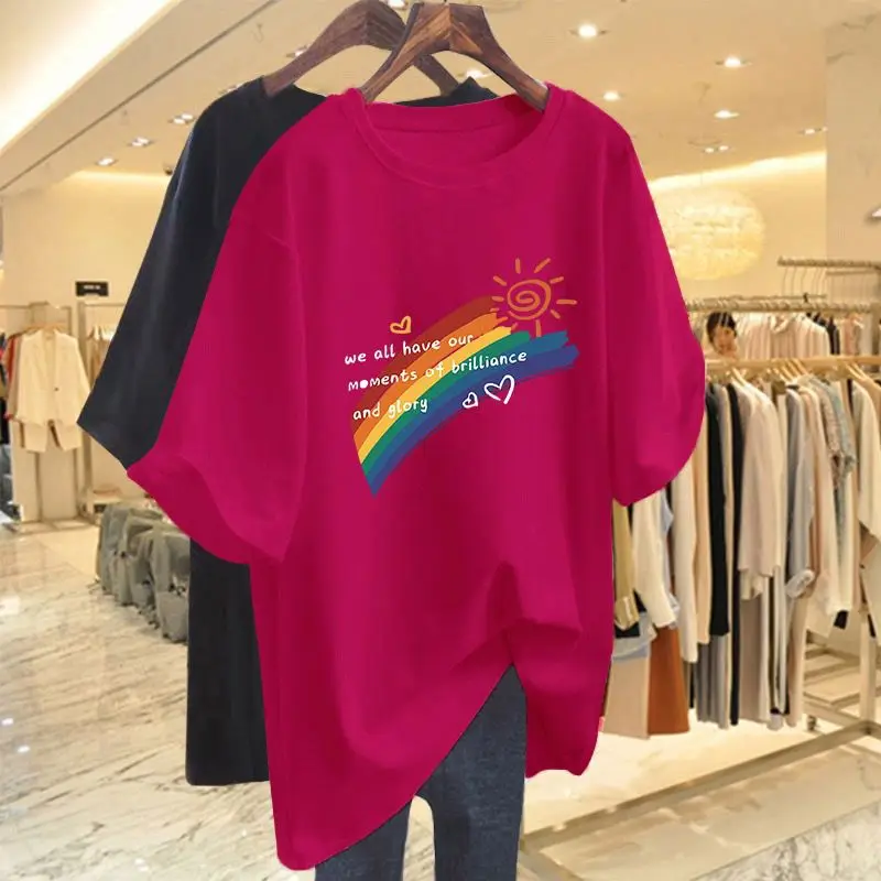 

2024 Summer New Fashion Casual Loose Tees Women Clothing Basic Pure Cotton Solid Tops Lady Round Neck Rainbow Patterned T-Shirts