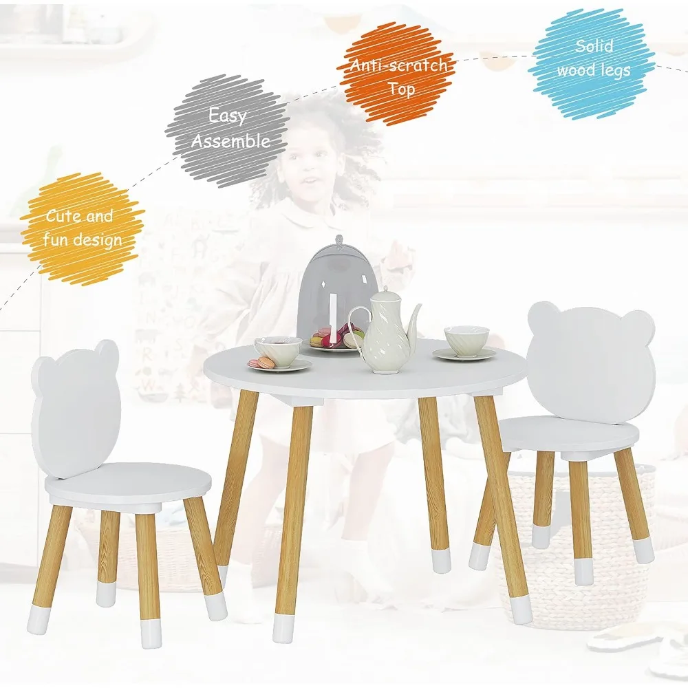 Kids Wood Table and Chair Set, 3-Piece Round Play Table for Toddlers, White Modern Design