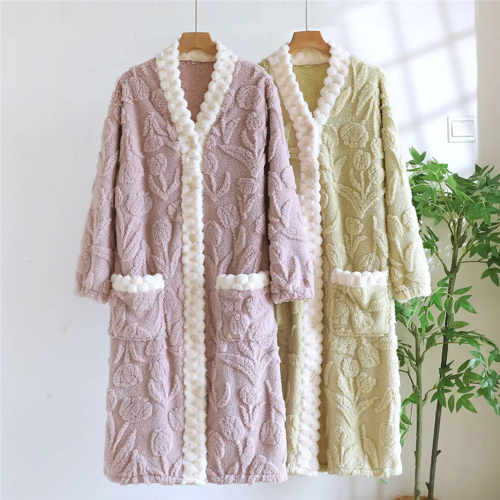 

Autumn Winter Women's Long Sleeve Nightdress Flannel V-Neck Flower Tulip Cardigan Nightgown Sleepwear
