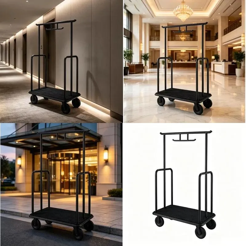 Black Modern Stainless Steel Heavy Duty Hotel Luggage Truck Commercial with 4 Wheels
