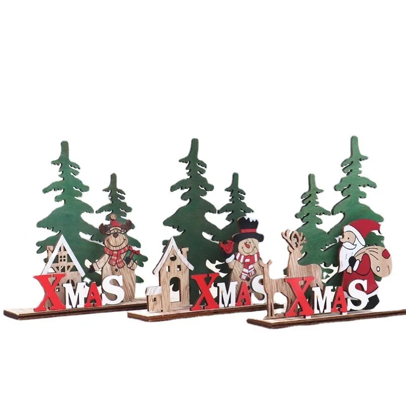 Decoração de natal diy blocos de quebra-cabeça de madeira idosos boneco de neve elk ornamentos crianças presentes dos desenhos animados natal 3d ornamentos de mesa