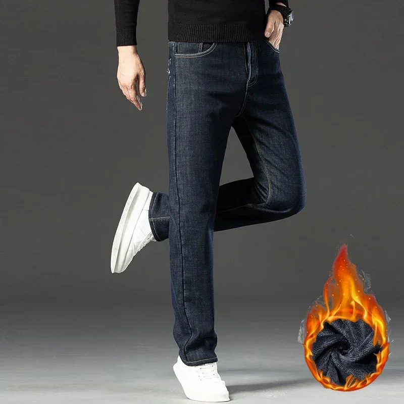 Winter Windproof Fleece Jeans Men Fashion Versatile Business Casual Trousers Hot Sale Male Thickened Warm Denim Pants