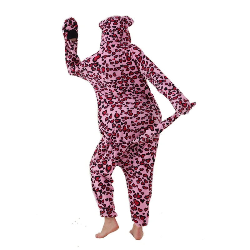 Women Clothing Pink Leopard Cosplay Costume For Adults Halloween Animal Full Body Pajamas Fleece Kigurumi Long Sleeves Homewear