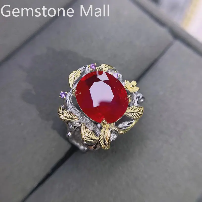 Blood Red Ruby Ring for Party 10mm*12mm Lab Created Ruby Silver Ring Solid 925 Silver Ruby Jewelry with Gold Plating