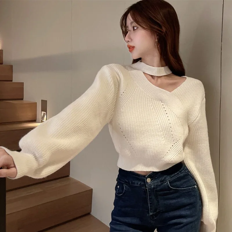 Women\'s Neck Hanging Solid Sweater Warm Pullover Sweater V-neck Cross Neck Off Shoulder Knitwear Tops