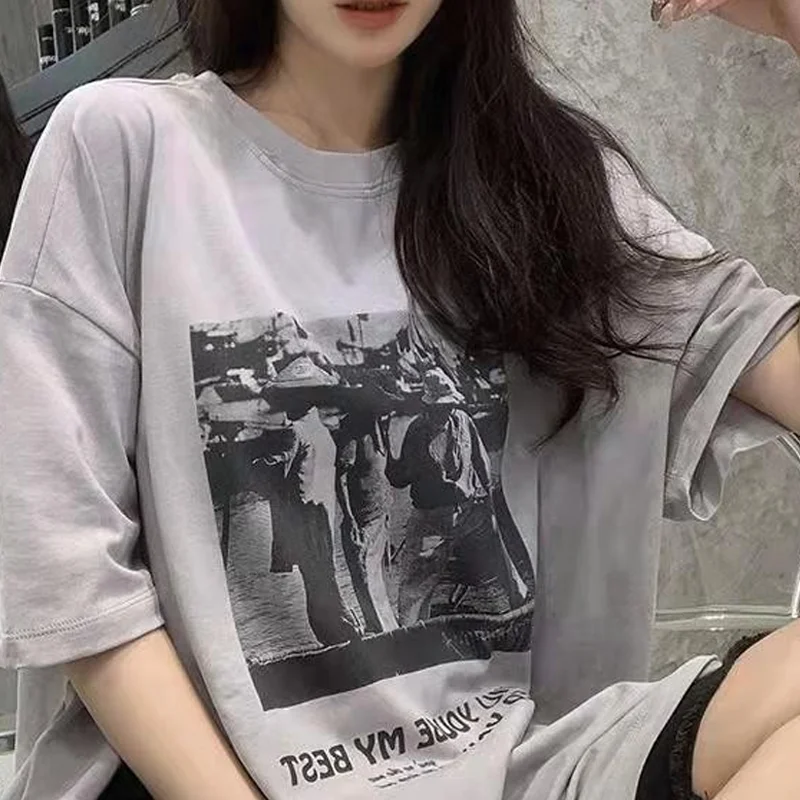 【مقاس كبير】تي شيرت نسائي صيفي كبير الحجم بأكمام قصيرة، بلوزات فضفاضة مطبوعة بمقاسات كبيرة، تي شيرت عصري قديم #2