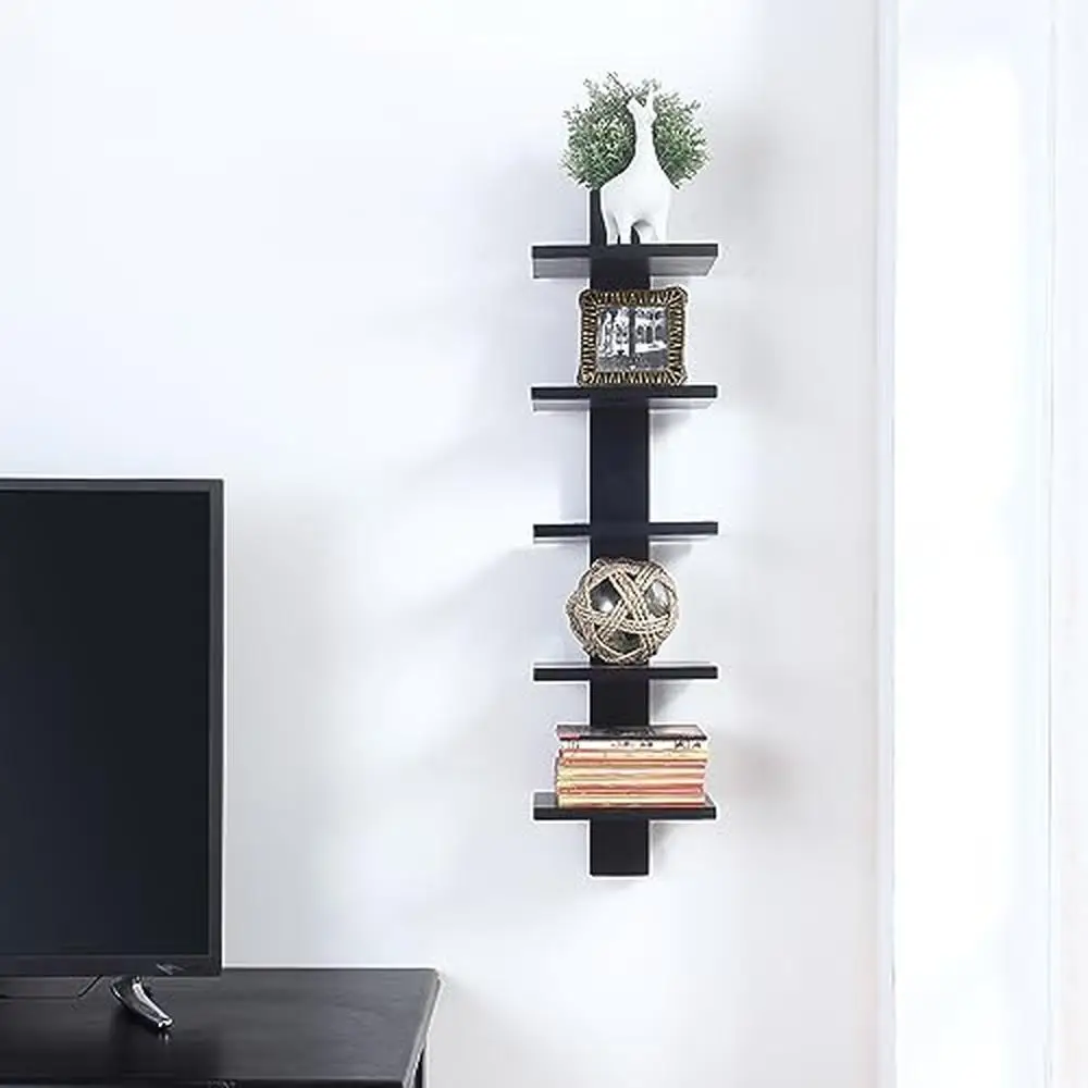 Wood Wall Mounted Spine Shelf with 5 Tiers Sturdy Contemporary Organizer Home Decor