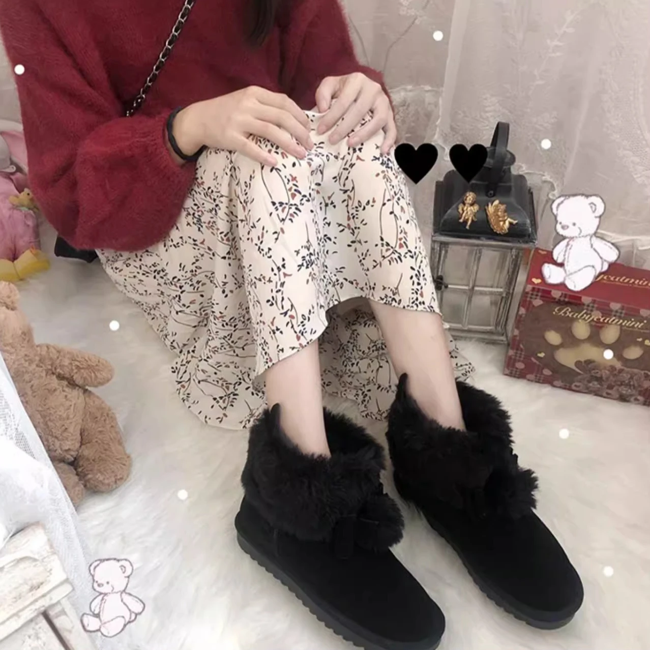 Little Elk Original Short Non-slip Snow Boots Women's Fleece Thickened Japanese Cute Lolita Shoes  Artificial Short Plush Shoes