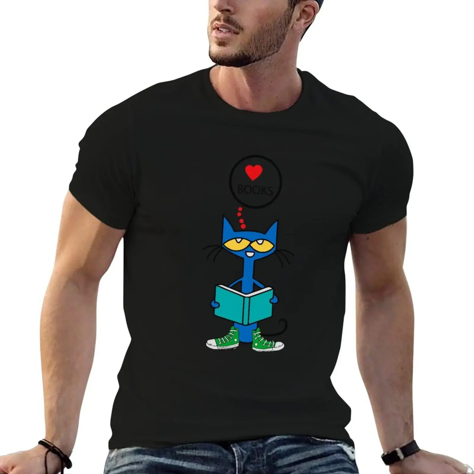 

Pete the cat reading a book T-Shirt graphic shirts street wear men workout shirt