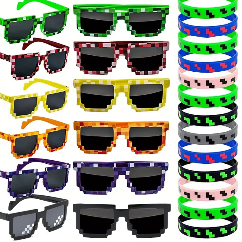 24Pcs Pixel Theme Party Favors 12 Pairs Pixelated Sunglasses and 12 Silicone Bracelets Birthday decoration party supplies Gift