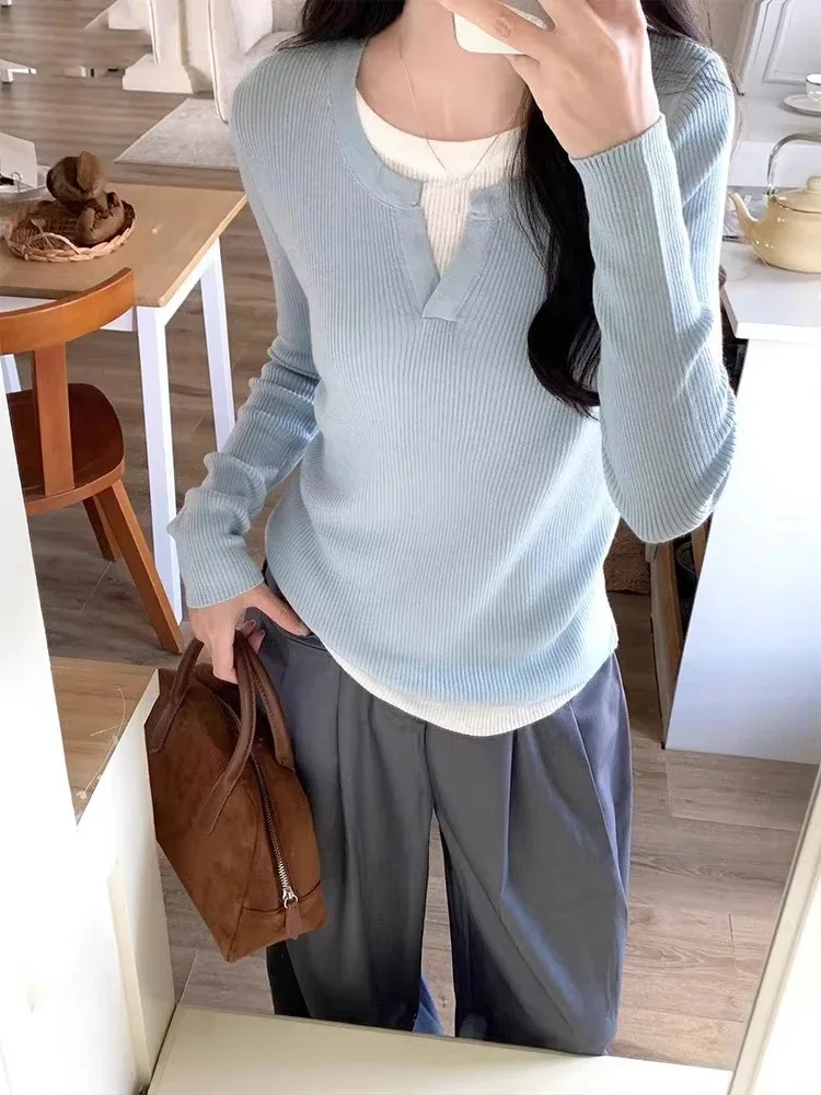 تيشيرتات كورية مزيفة مكونة من قطعتين بأكمام طويلة تي شيرت محبوك 2025 Ropa Mujer ملابس نسائية للخريف برقبة دائرية