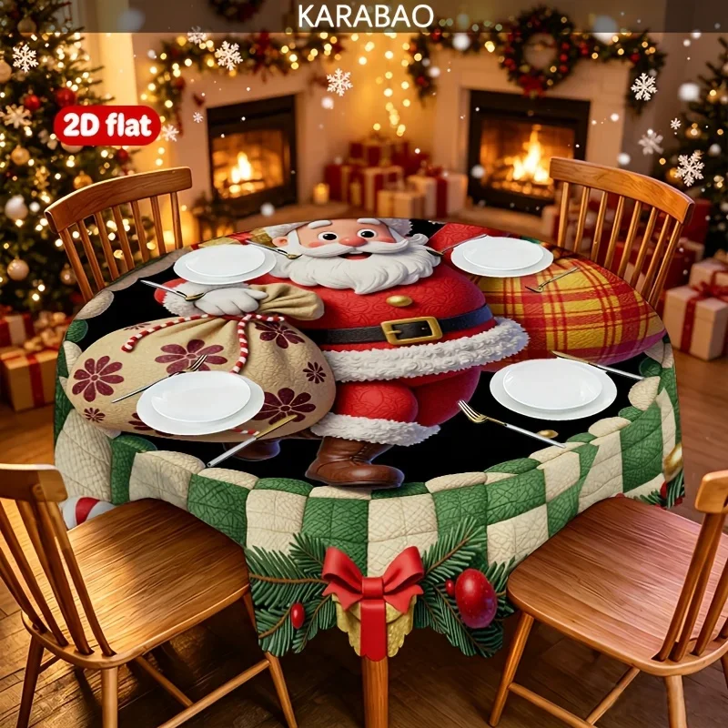 Santa Claus Gift Bag Wreath Pattern Round Tablecloth, Red and Green Checkered Trim, Holiday Decoration,