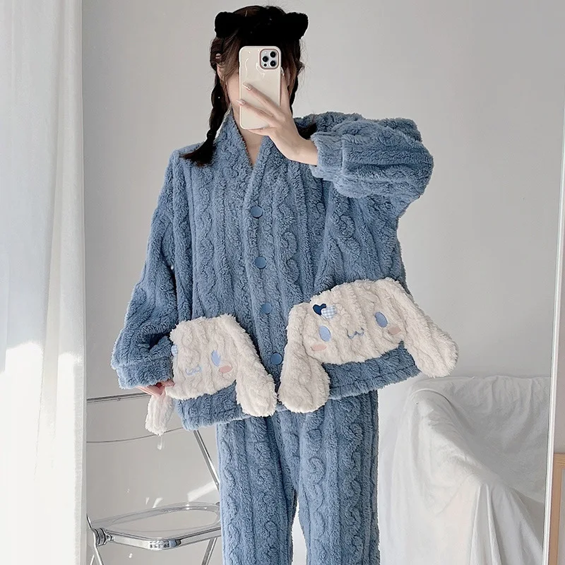 Autumn and Winter Women's Kawaii Sanrio Cinnamon Dog Flannel Pajamas Plush Thick Plus Velvet Cartoon Cute Warm Home Clothes Set