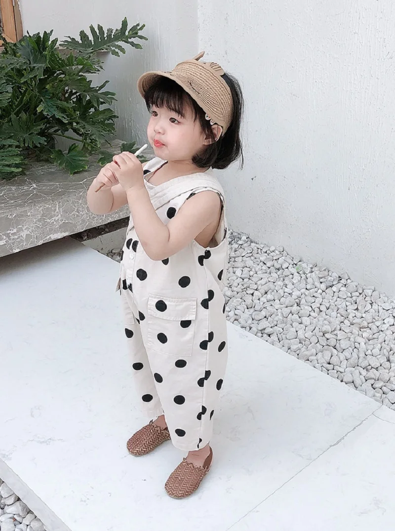 Summer Baby and Girls Cotton Dots Sleeveless Single-Breasted Bodysuits School Kids Lovely Jumpsuits Child Overalls Outfit 2-8Yrs